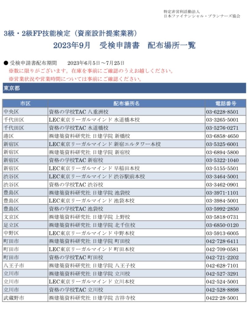 FP受験申請書　配布一覧